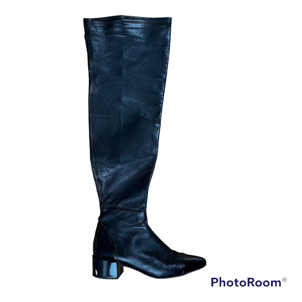 Zara black cap toe thigh high leather boots size 11